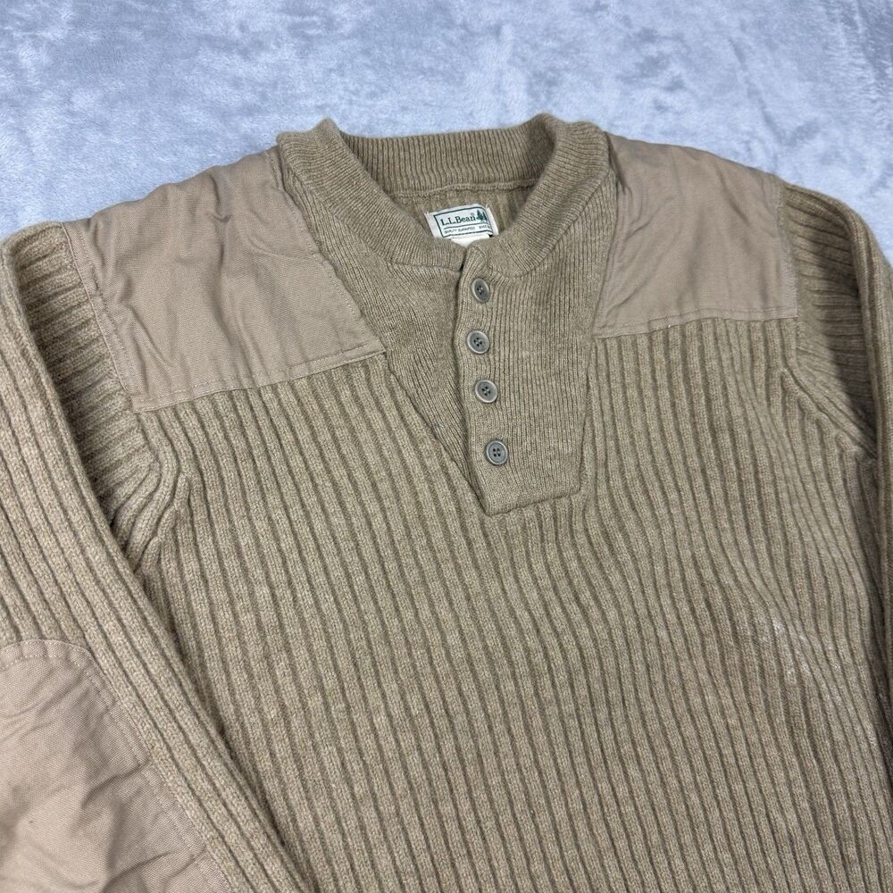 L.L.Bean 100% Merino Wool Rib Knit Henley Sweater Elbow Patch Tan Men’s L - Picture 2 of 9